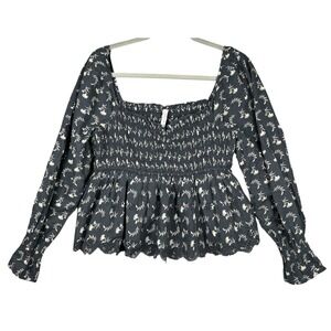 AMERICAN EAGLE Green Floral Top Women Size L Square Neck Ruched Scallop Trim NWT